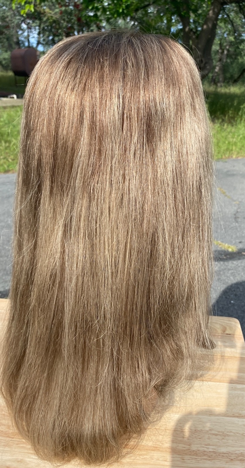 PREOWNED WIGSHE CUSTOM COLOR BROWN BLONDE HUMAN HAIR WIG . SIZE SMALL