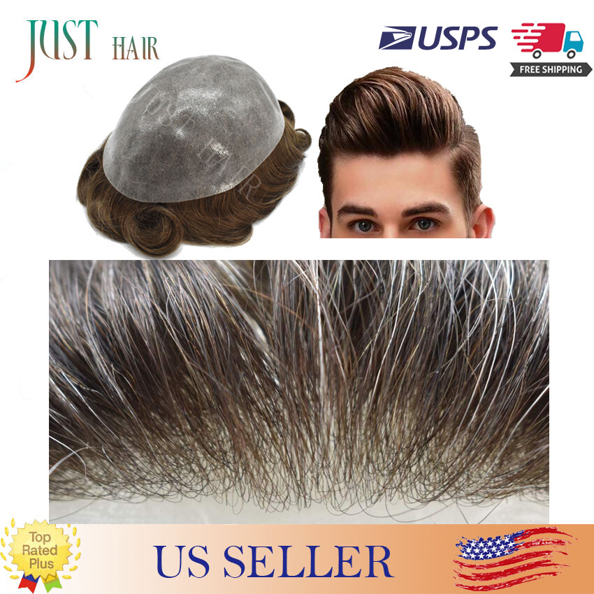 Mens Hair Replacement System All Poly Skin Men Toupee Hairpieces Human Hair Wigs
