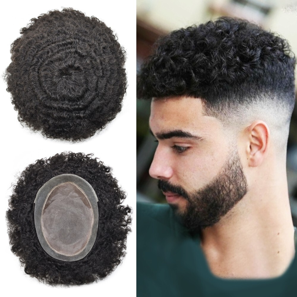 Afro Toupee for Black Men Durable Mono Afro Weave Kinky Curly Mens Wig Hair Unit