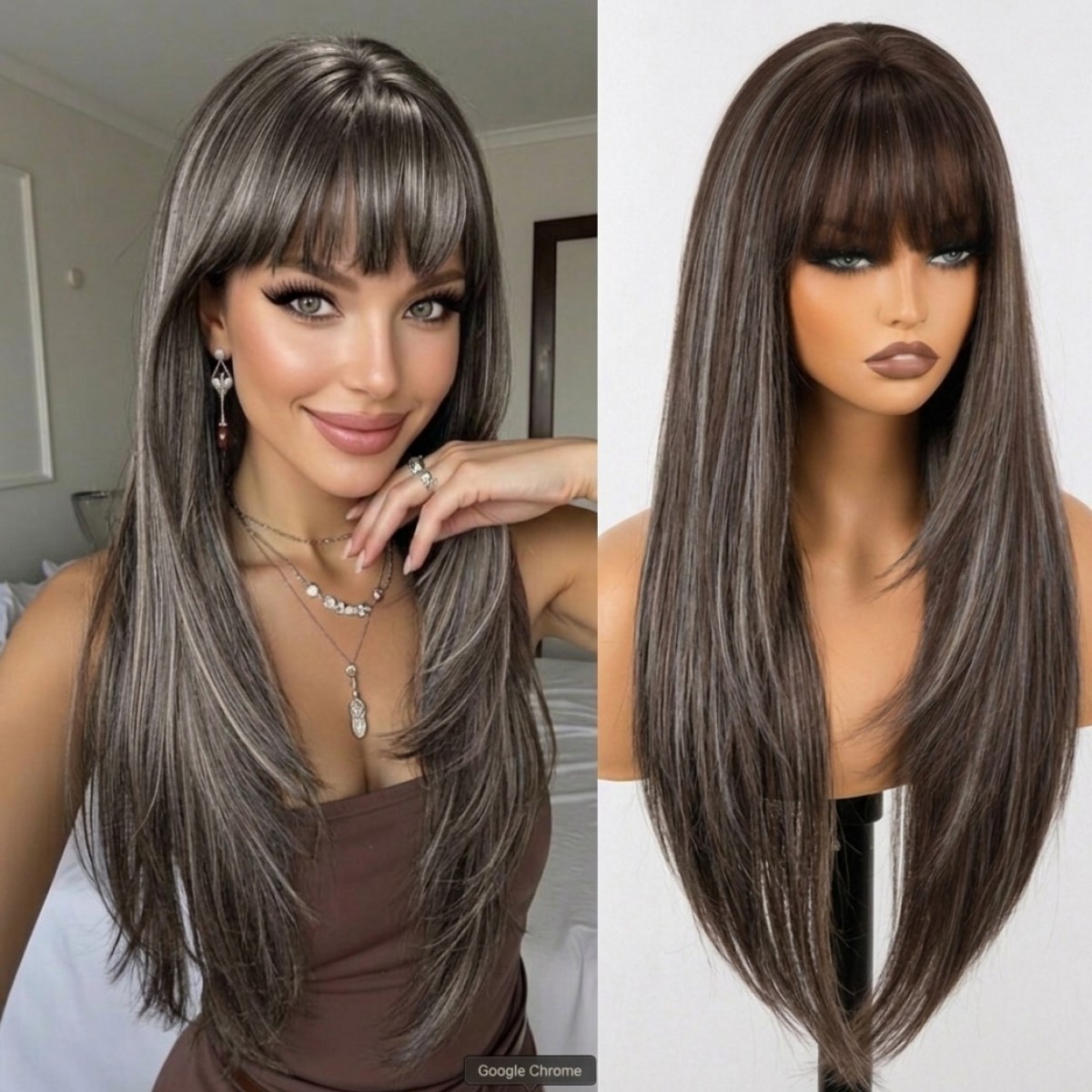 Mixed Brown blonde Long Straight Synthetic Hair Cosplay Party Wigs With Bangs