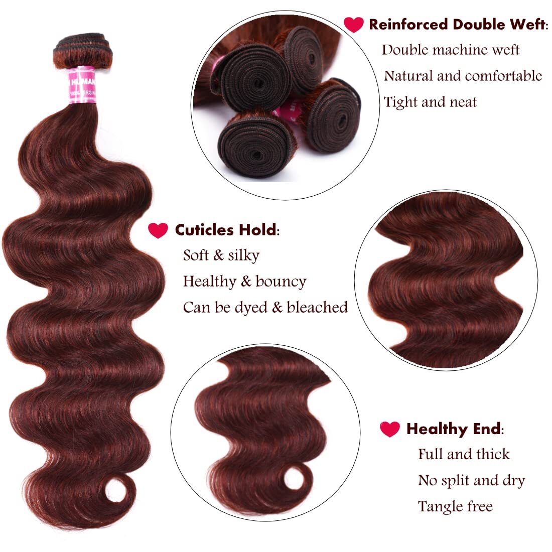 UNice Indian Reddish Brown Body Wave 3 Bundles Human Hair Extensions Weaves Weft