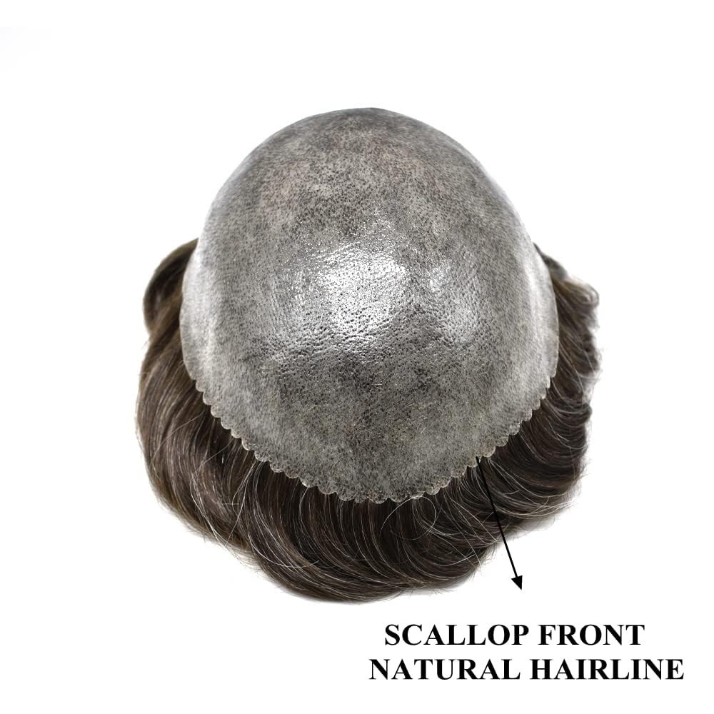 Mens Toupee Human HairSystems Full Poly Thin Skin HairPiece Replacement SystemUS