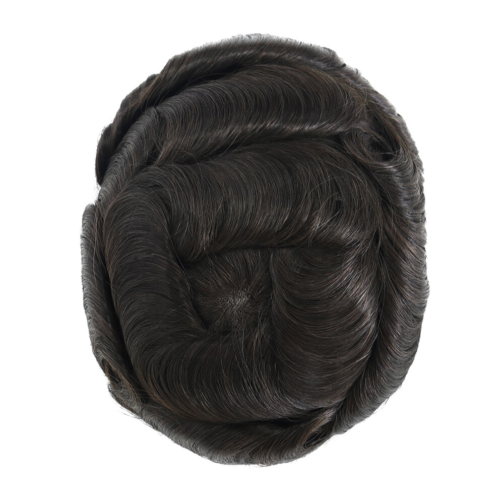 Durable Fine Mono Mens Toupee Human Hair Replacement System Lace Poly Hairpiece