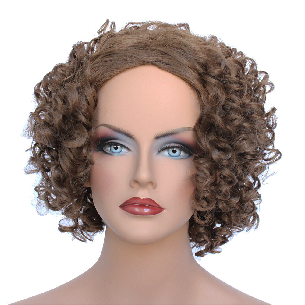 Classic Cap women Synthetic Curly Wavy Short Dark Gold Brown wig HengFeng MHL09
