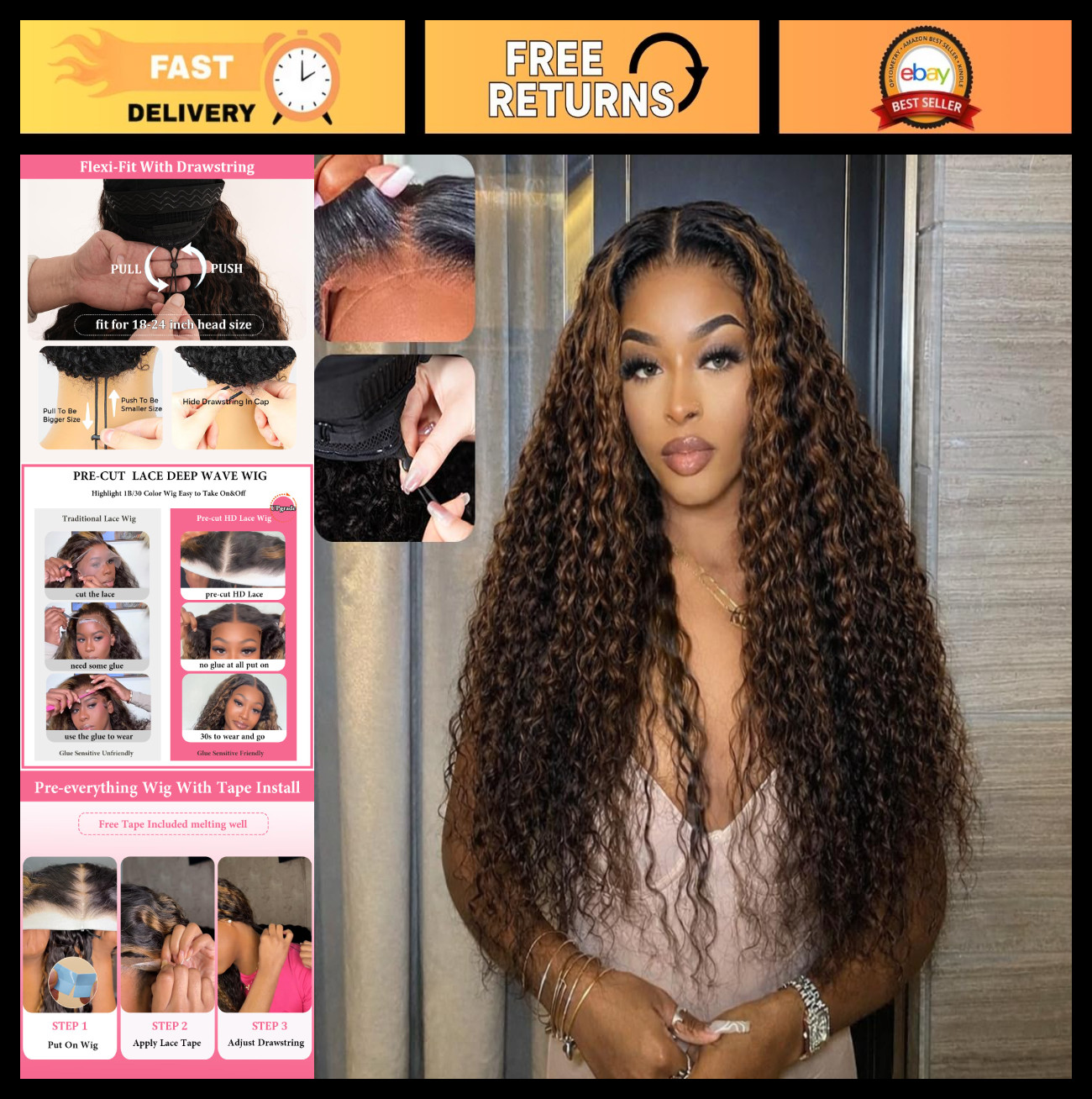 26 Inch Deep Wave Ombre Glueless Lace Front Wig – HD Lace, 210 Density, Pre Pluc