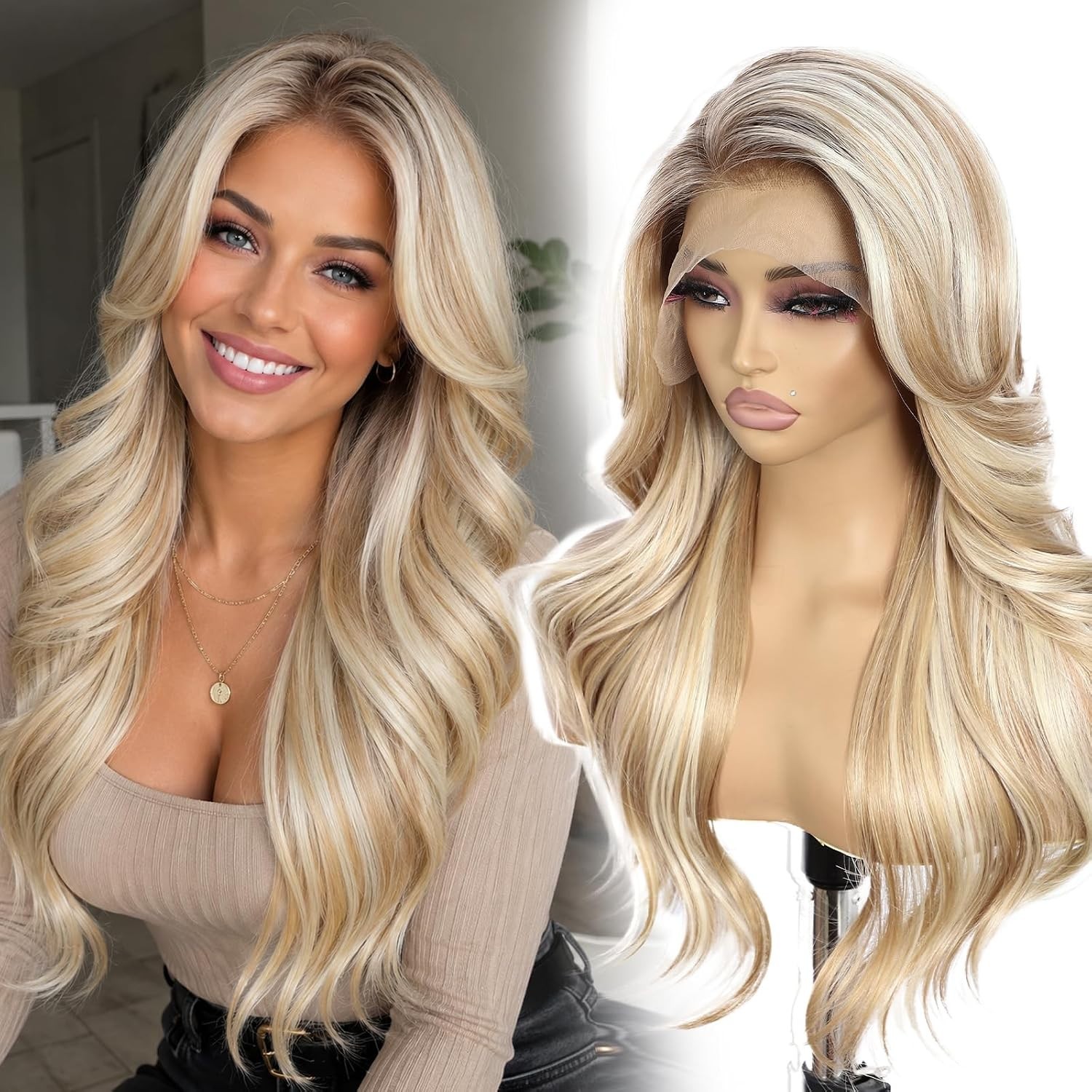 LACE FRONT WIG HUMAN HAIR BLENDED BLONDE BODYWAVE