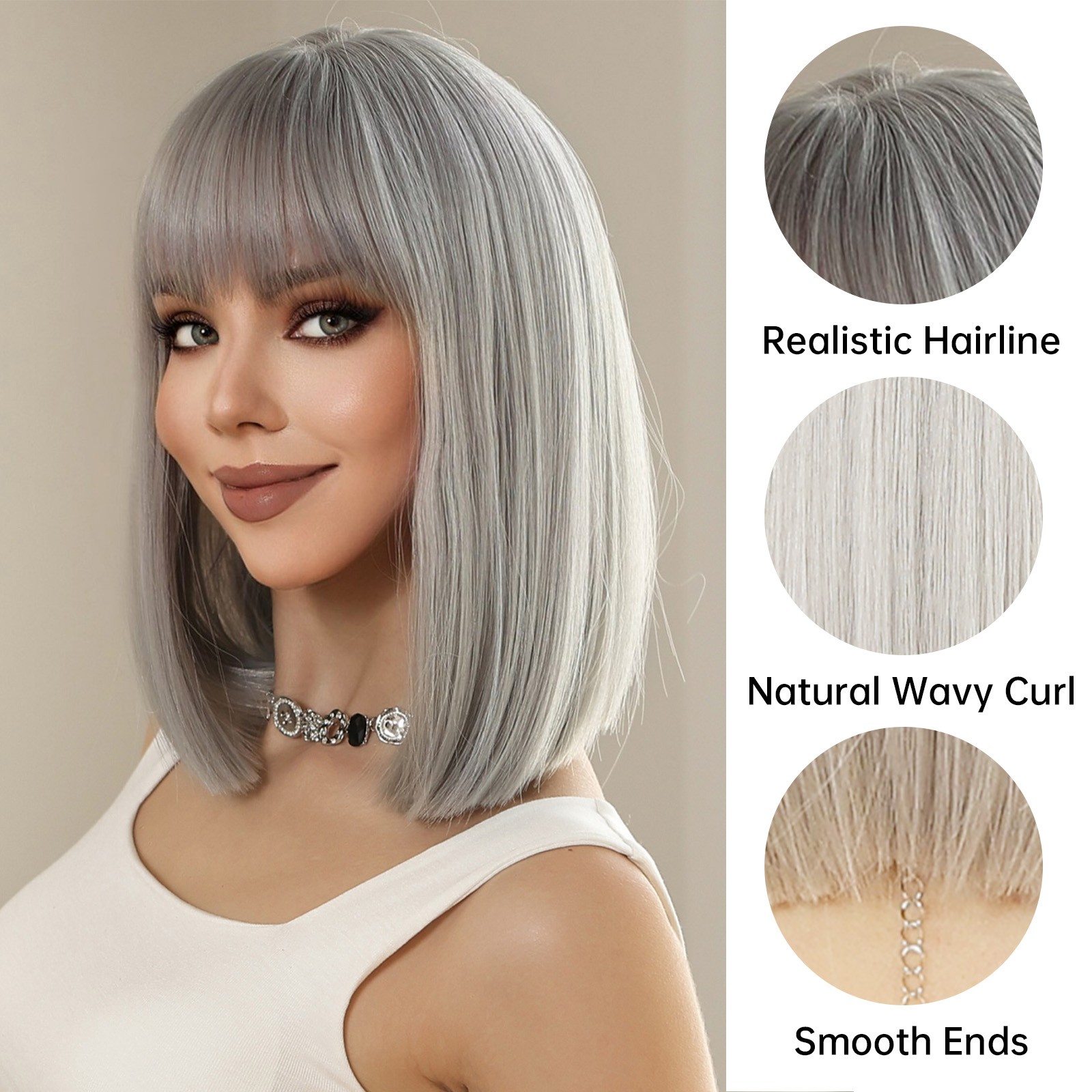 Grey Soft Synthetic Hair Heat Resistant Straight Costume Wigs With Bangs