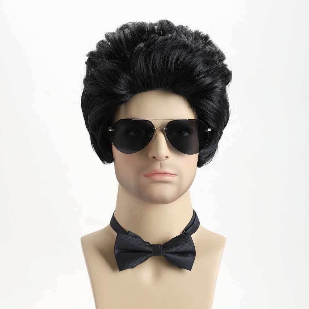 10in Black Pompadour Greaser Wig with Sideburns Full Heat Resistant Cosplay