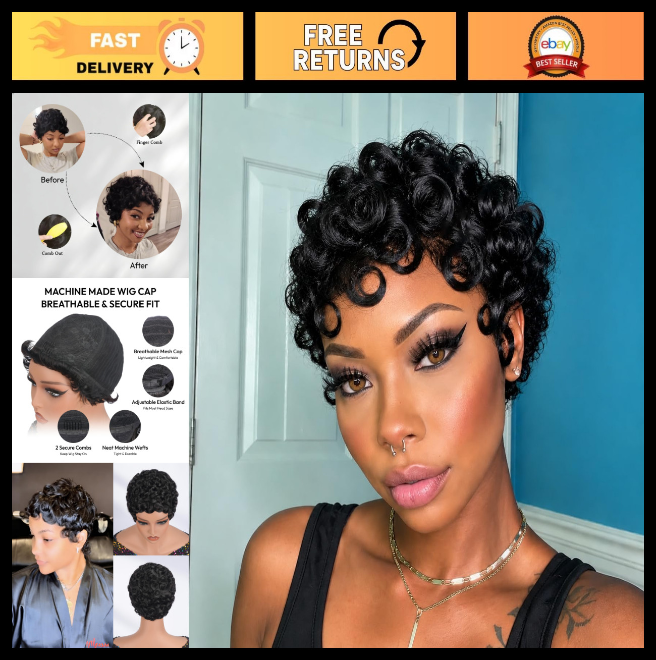 Short Curly Pixie Cut Wig for Women – 6 Inch Human Hair, Glueless, Ready to Wear