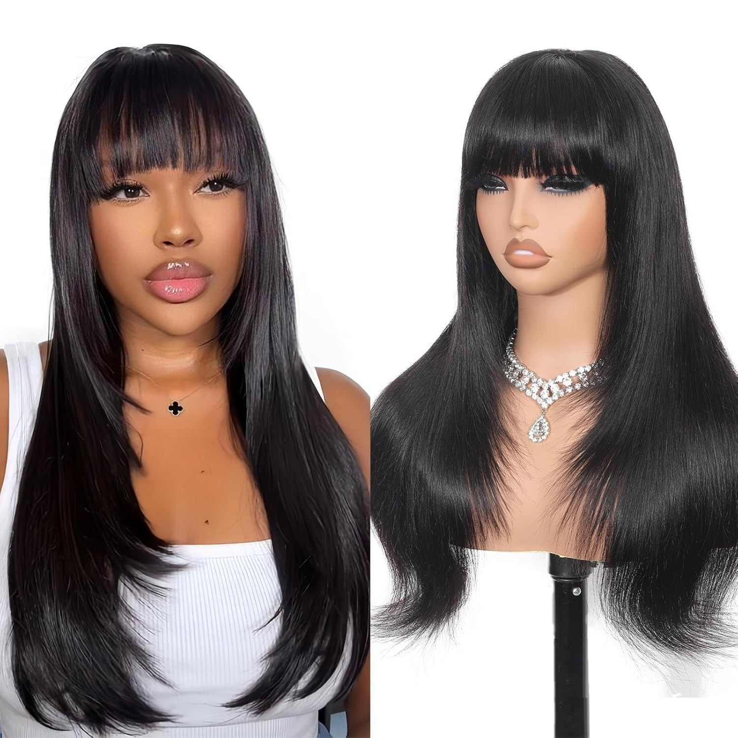 Straight Wig Human Hair with Bangs Machine Made Brazilian Virgin Human Hair Wig
