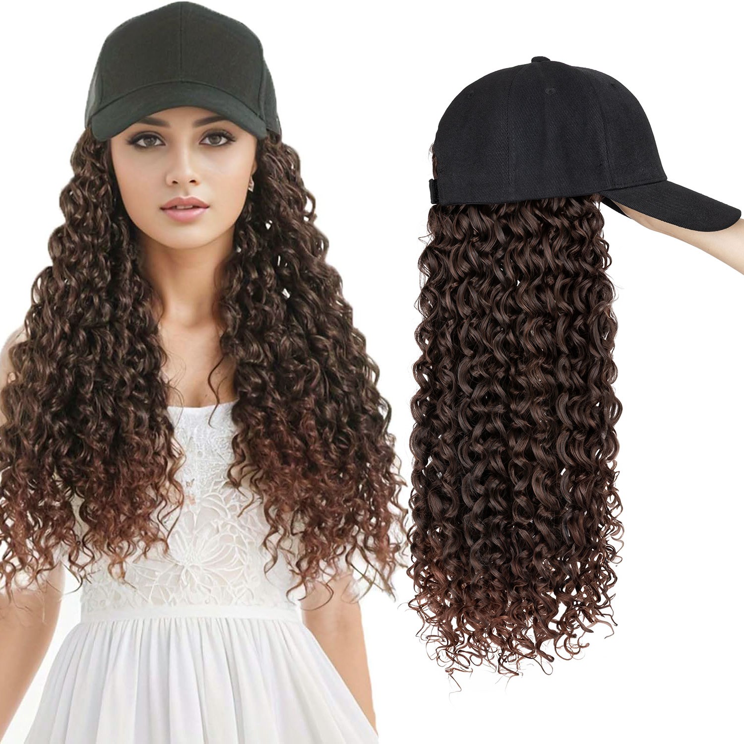 25In Women Black Baseball Cap with Hair Hat Wig Long Curly Deep Wave Hair Wig US
