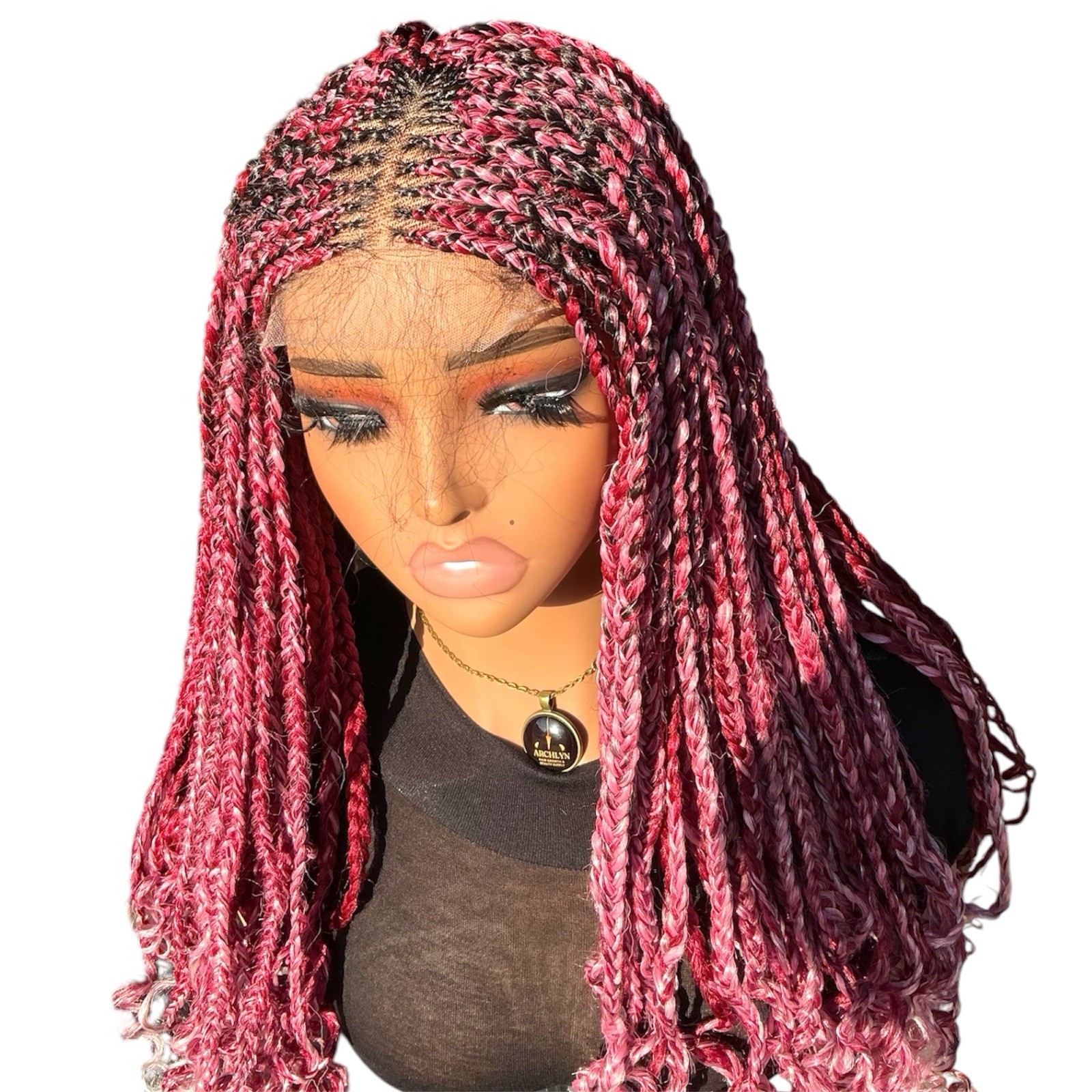Handmade 4×4 Lace Cornrow Box Braided Wig Burgundy Pink Curly Ends