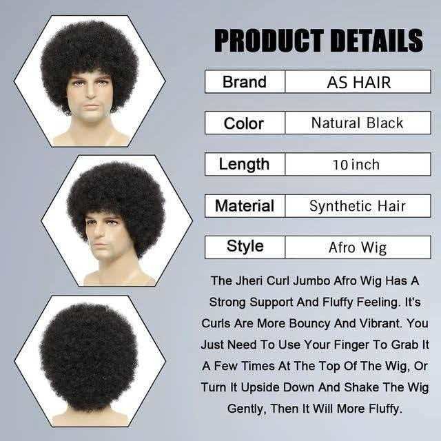 Men’s 10in Kinky Curly Black Wig Full Heat Resistant Synthetic Cosplay Party