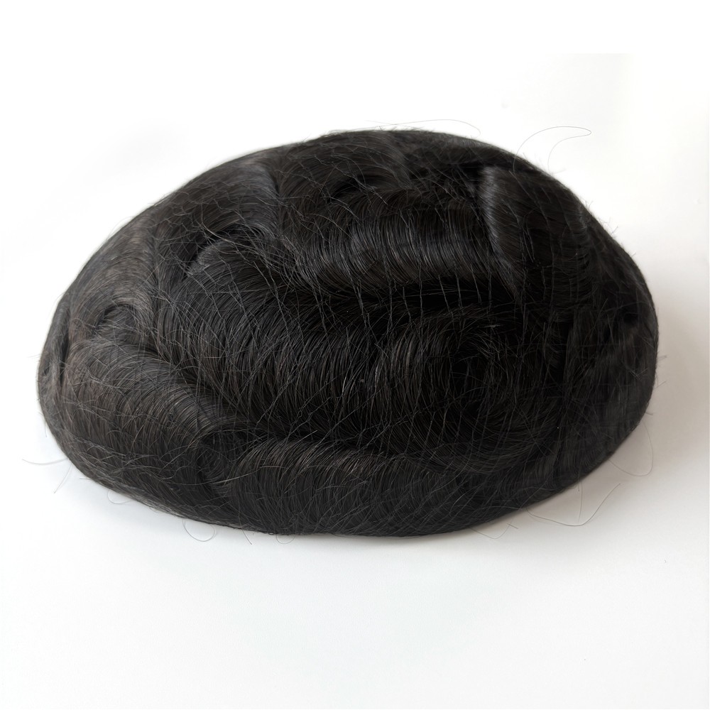 Durable Mens Toupee Human Hair Replacement Fine Mono PU System Hairpieces #1B