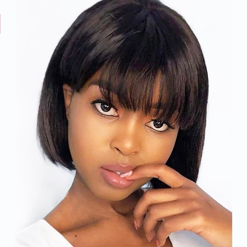 Short Bob Wig Human Hair with Bangs Straight Bob Wig with Bang Machine Made Wig