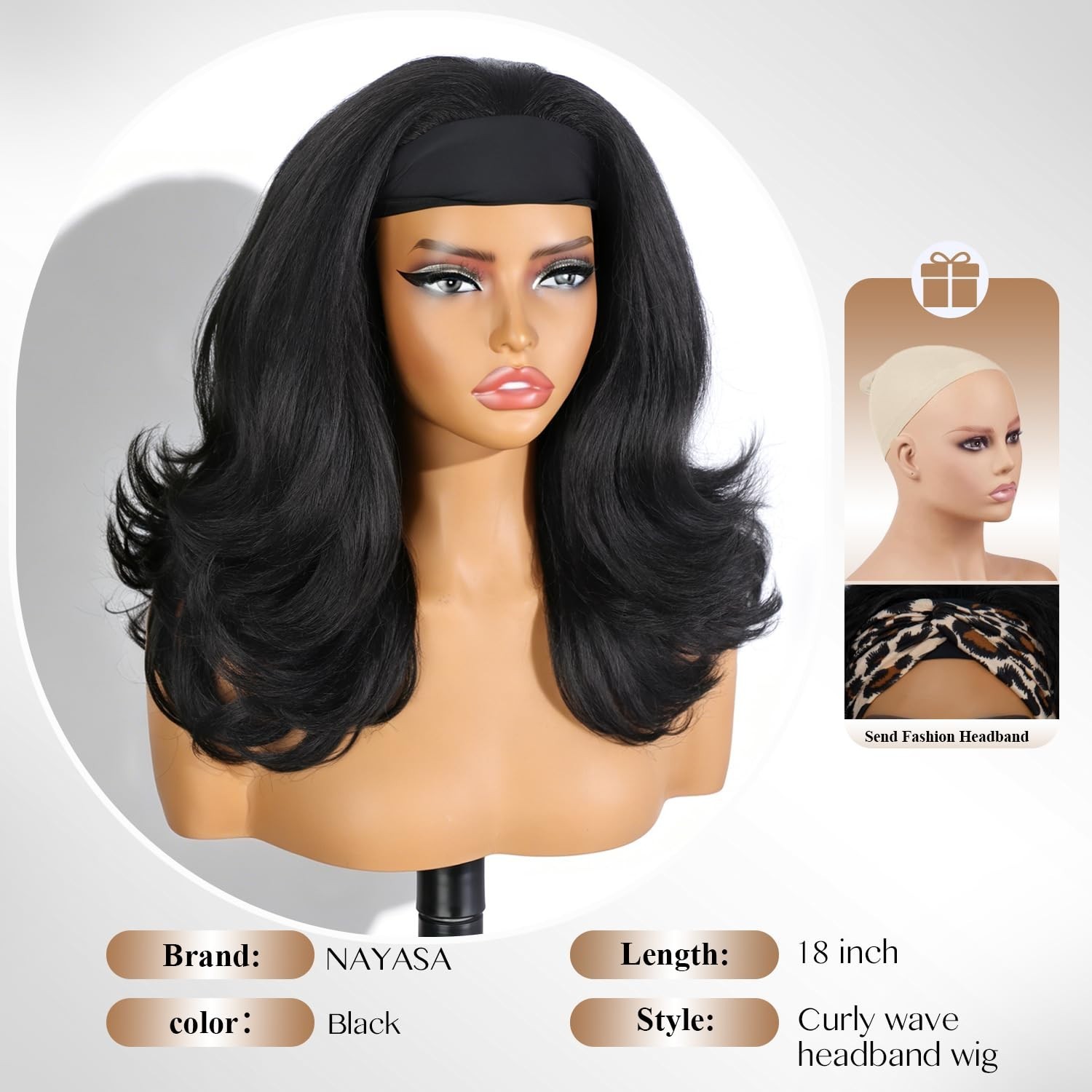18″ Curly Headband Wig for Black Women – Synthetic Layered Kinky Straight, Easy