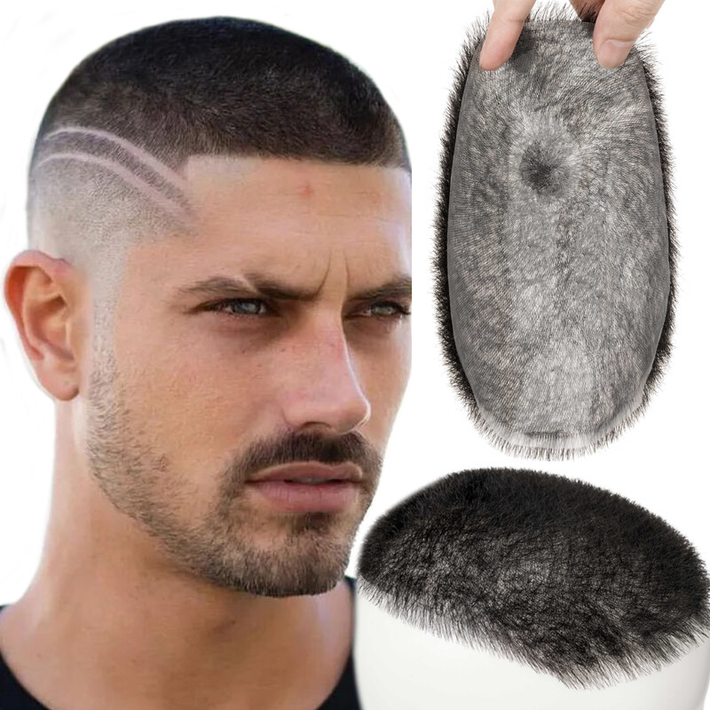 Mens Toupee Hairpiece PU Remy Hair System Replacement Buzz Cut Short Hair Wigs L