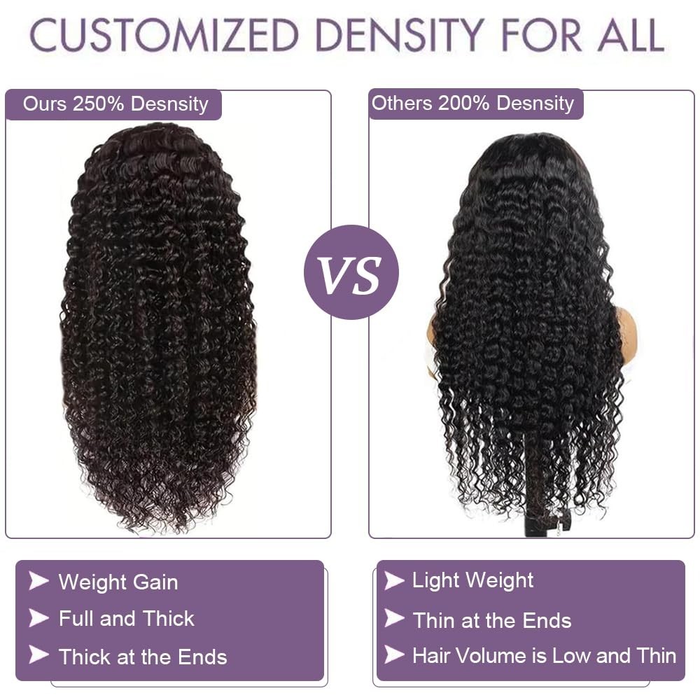 40″ 13×6 Deep Wave Lace Front Wig – Pre-Plucked, 250% Density, HD Lace, Curly Ha