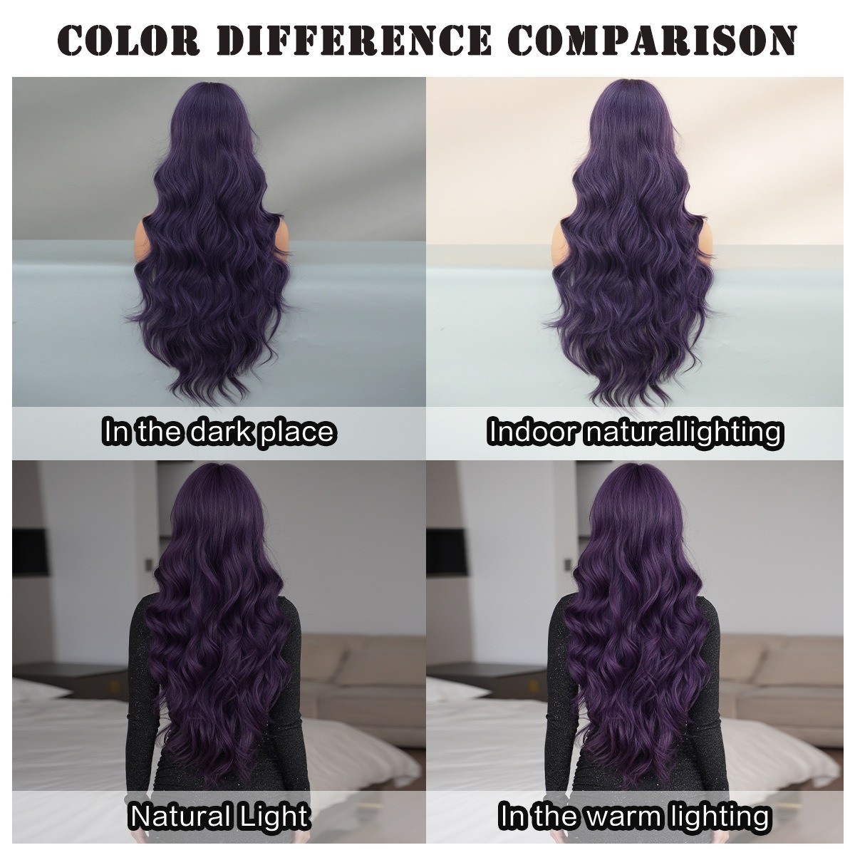 Purple wig woman with long curly hair fluffy deep purple wig full head cover