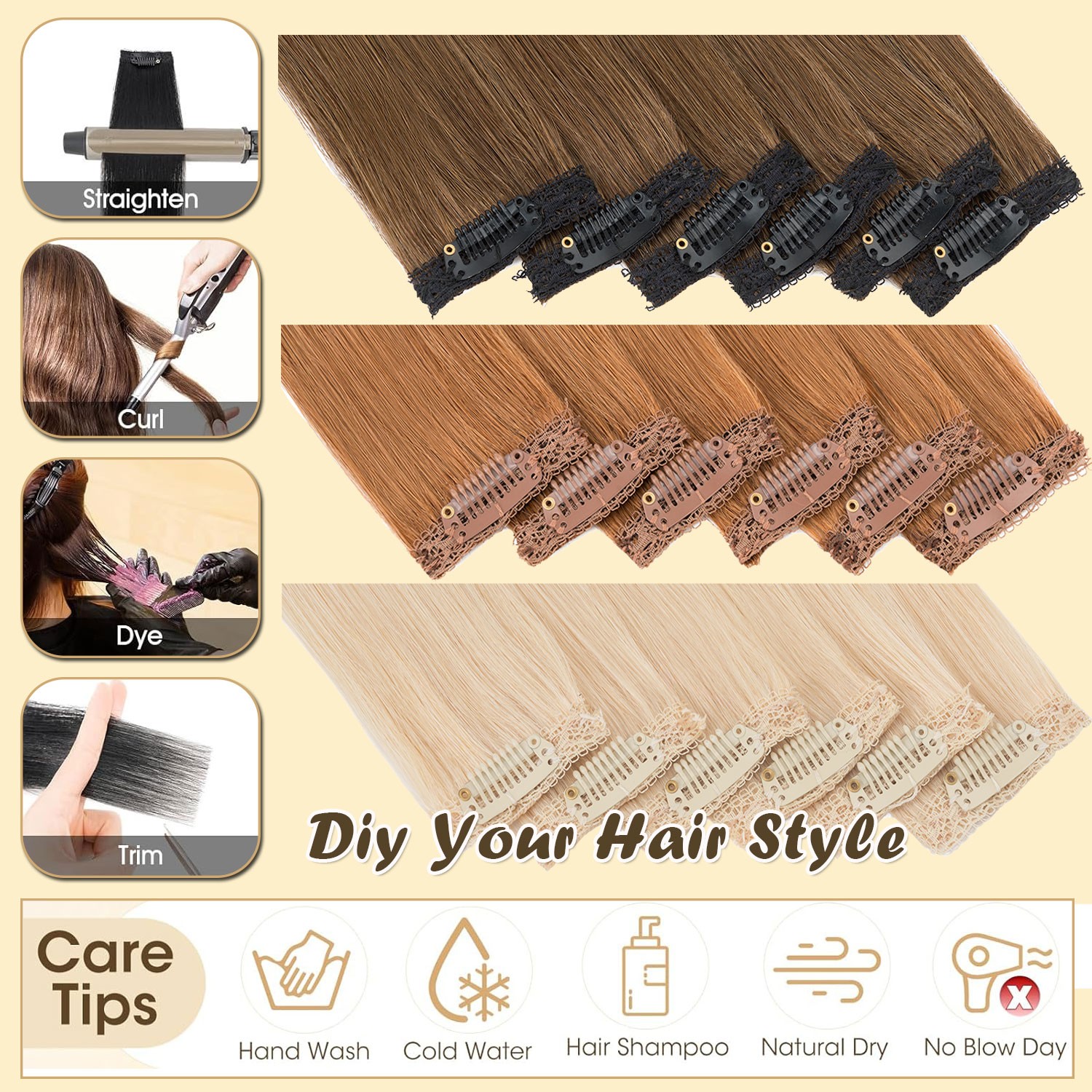 Lace Weft 6Pieces Clip in 100% Remy Human Hair Extensions Real Hair Half Head US