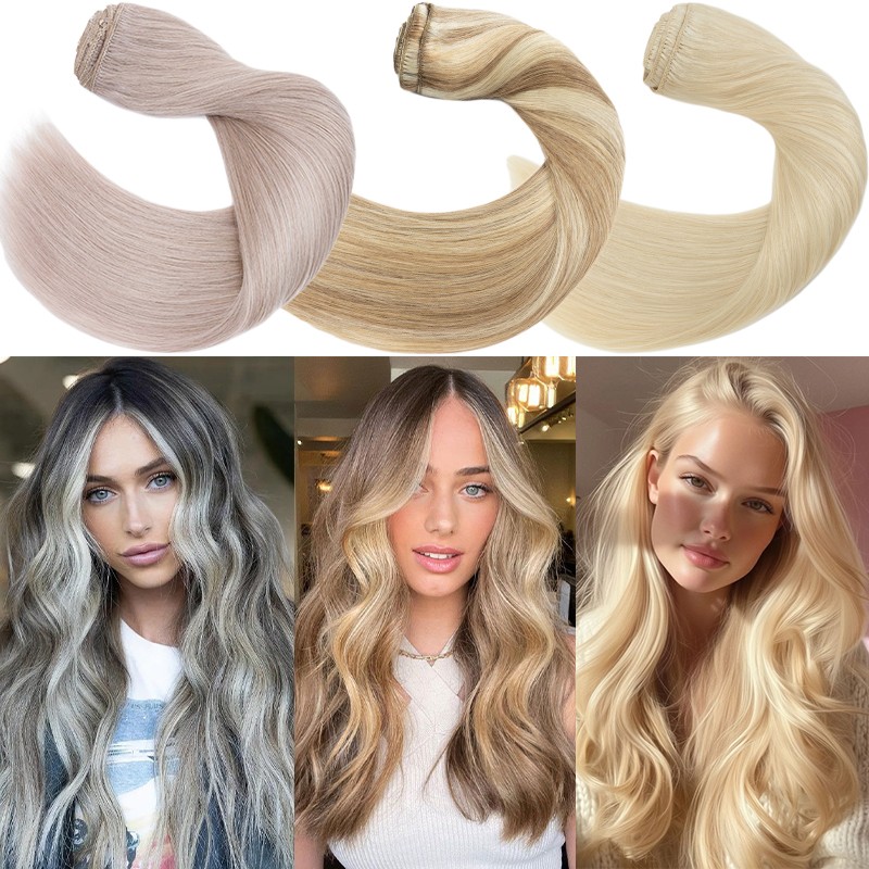 Thick Double Weft Clip In Real Remy Human Hair Extensions Full Head Highlight US