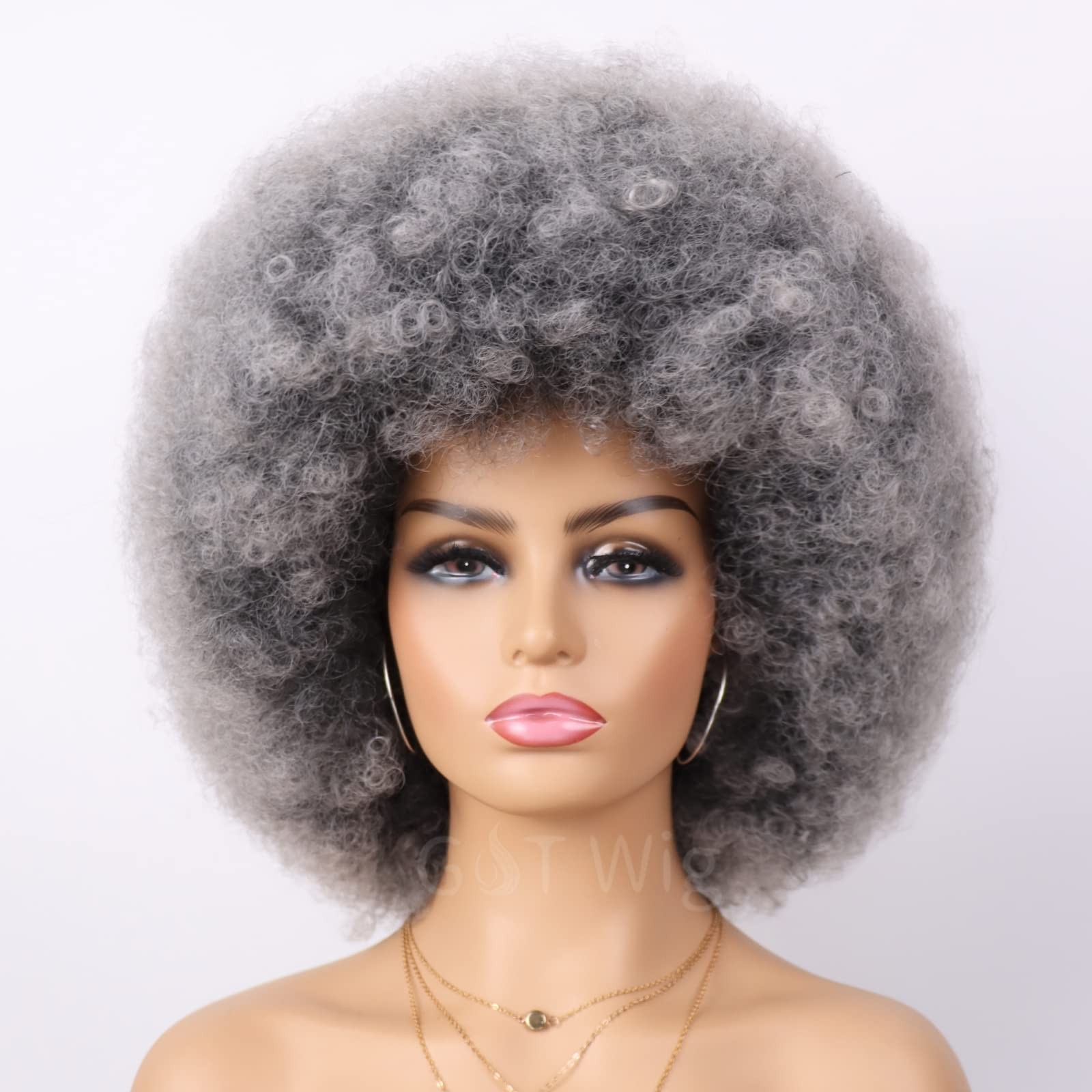 70s Dark Grey Afro Curly Wigs for Unisex Men Women Glueless Wear and Go Wig L…