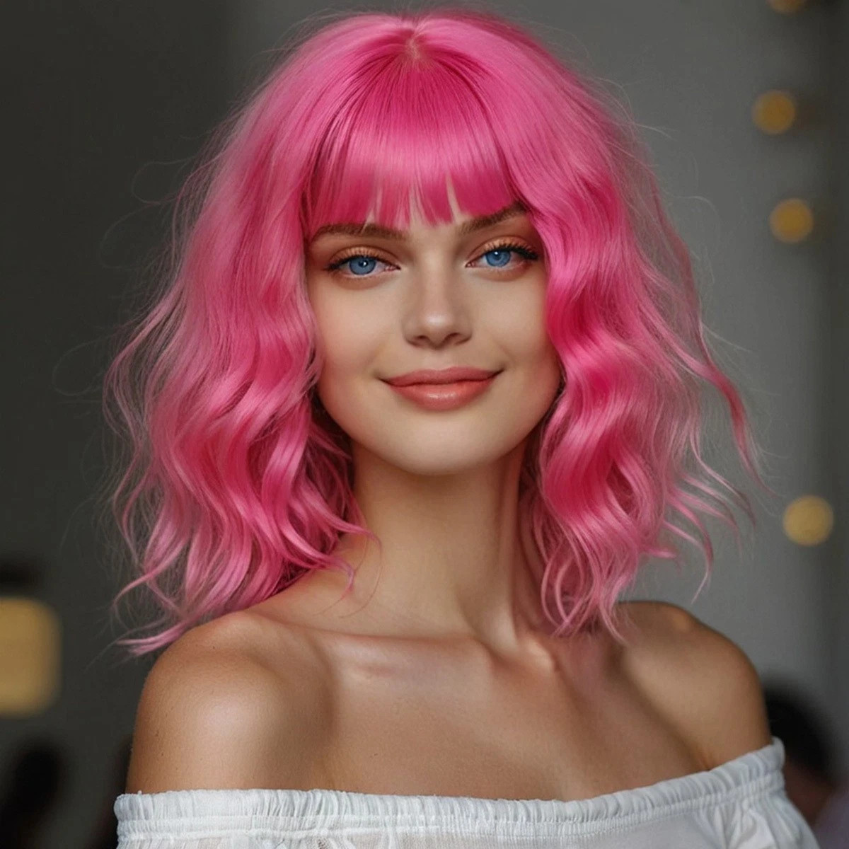 12″ Pink Short Wavy Wig with Bangs Women Curly Synthetic Hair Wig Fashion Daily
