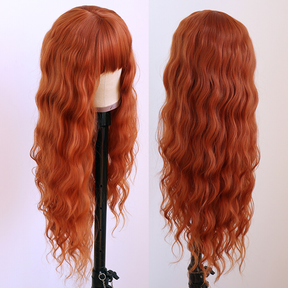 Long Loose Wavy Wig Orange Heat Resistant Synthetic Hair Wigs Full Bangs Natural