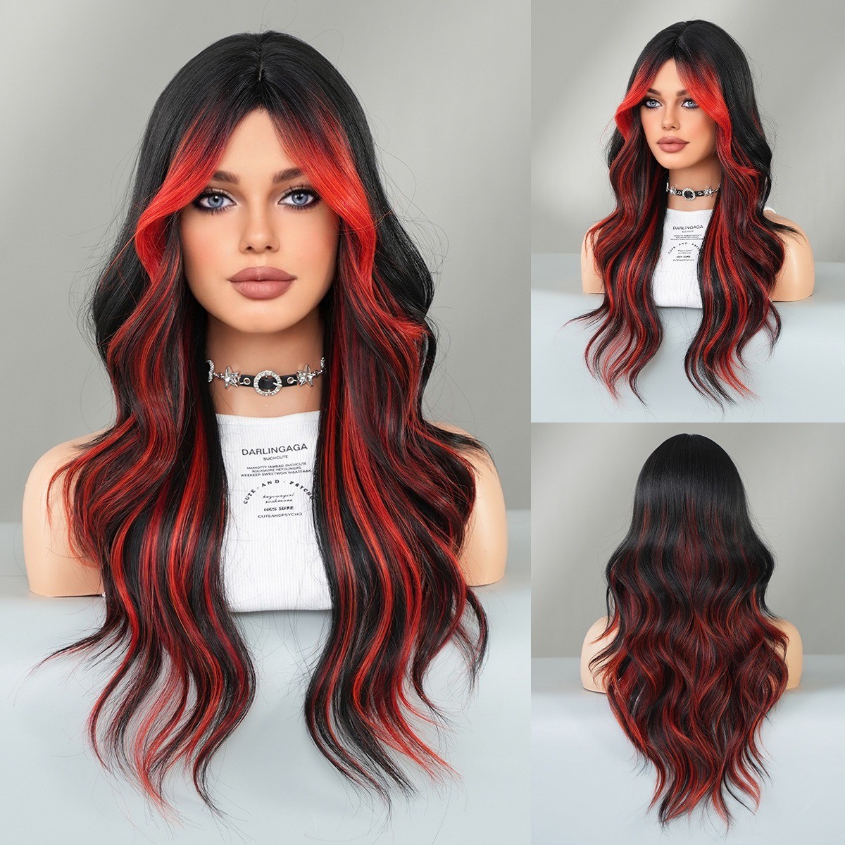 Full head wig with side-swept bangs colorful flame orange highlights and long
