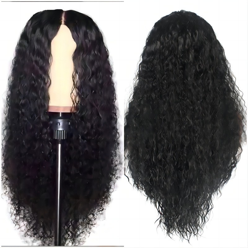 Black Water Wave Yaki Curly Wig with Middle Part Heat Resistant Synthetic Full