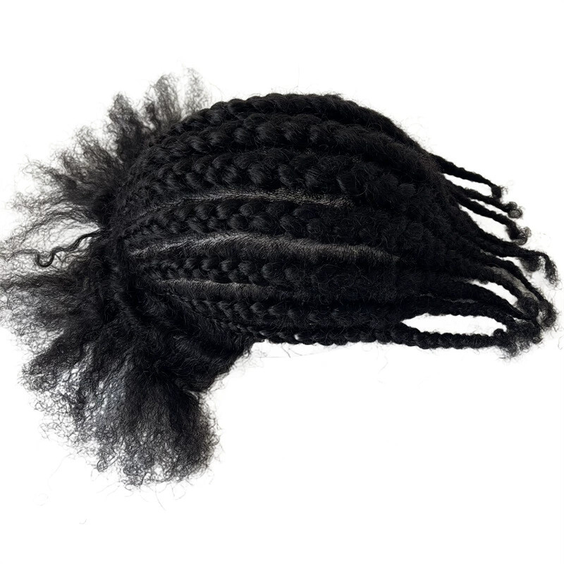 100%Human Hair Replacement Cornrow Braids Unit 8×10 Full PU Toupee for Black Men