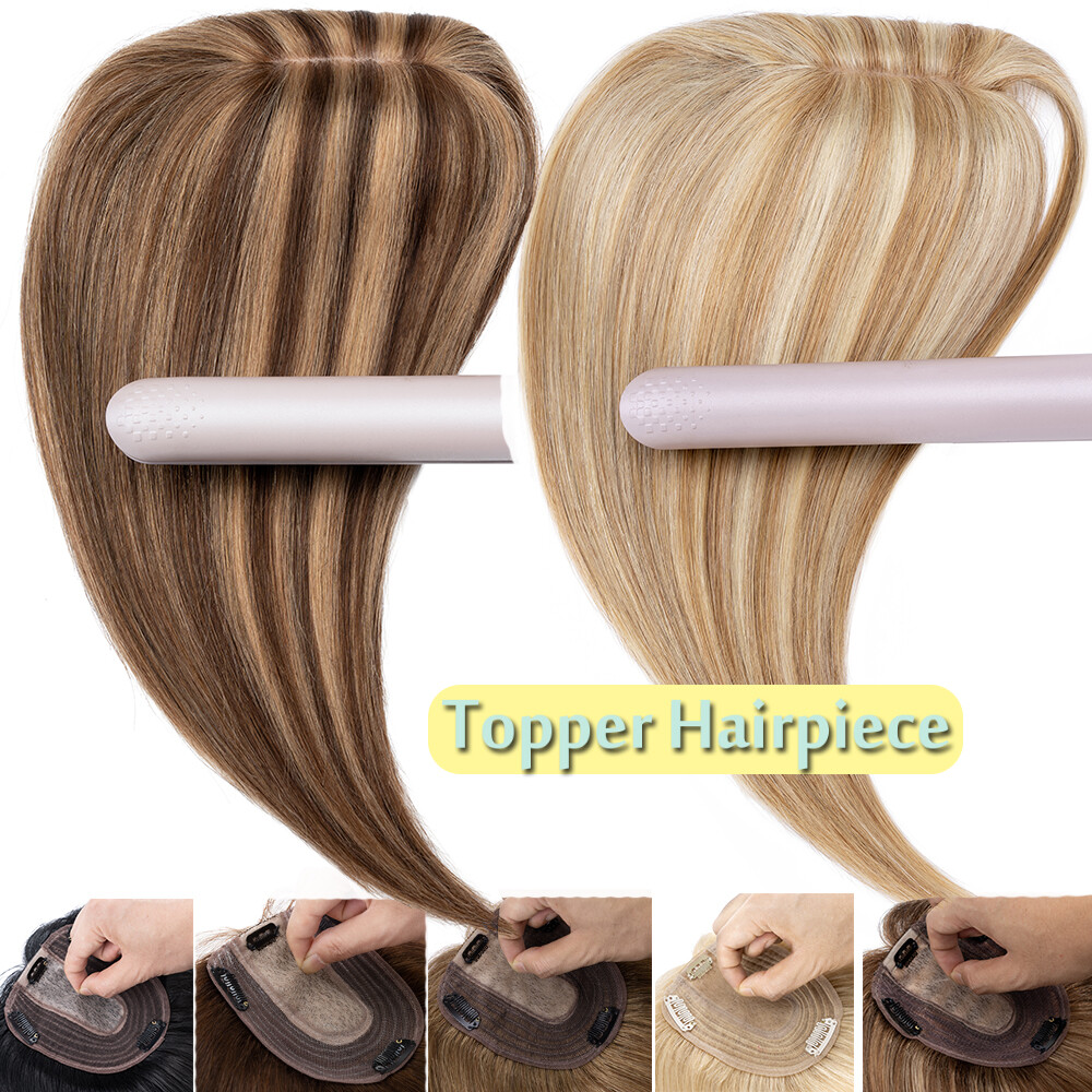 Silk Base 100%Human Hair Topper Clip in Hairpiece Wig Toupee Top Piece Side Part