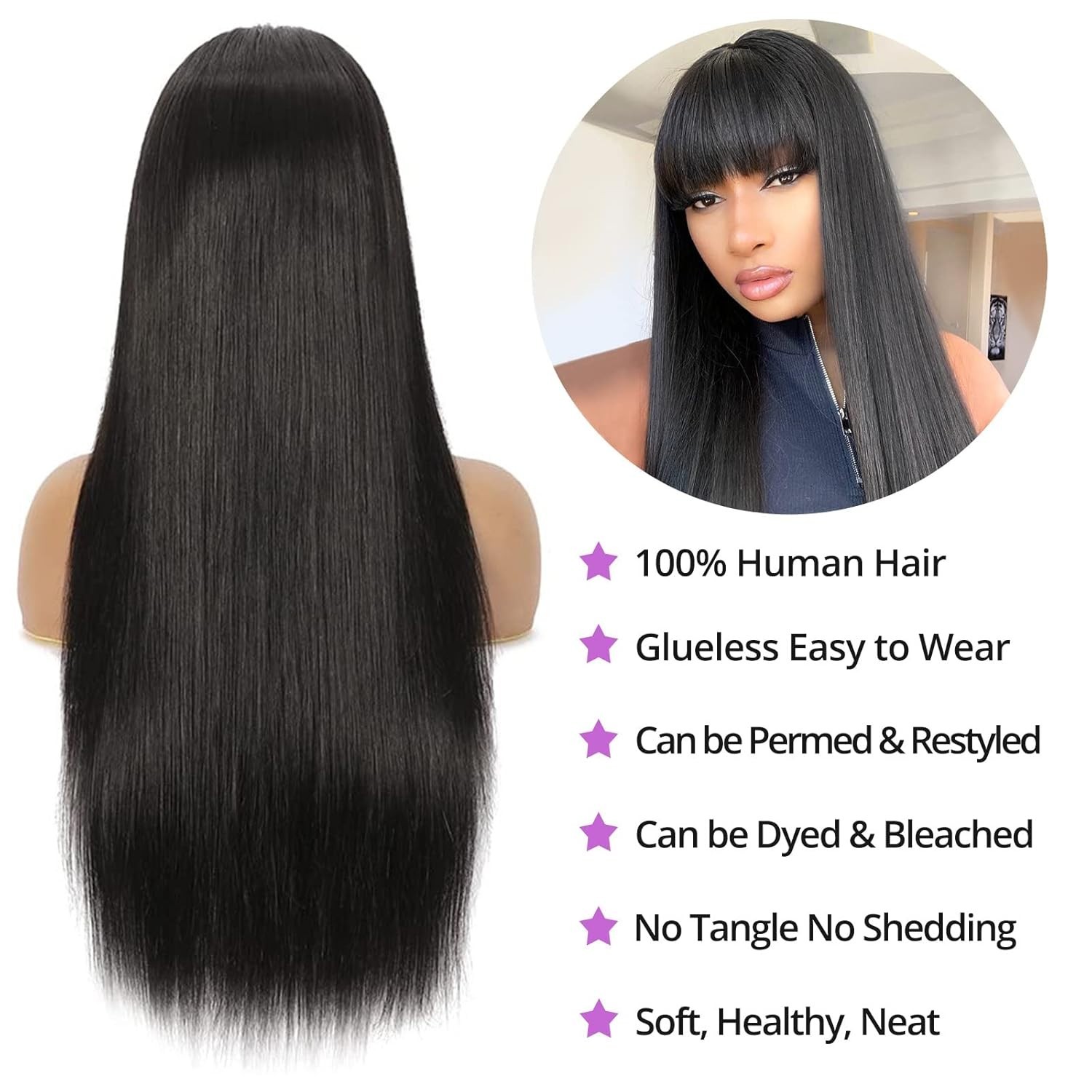 Brazilian Long Black Wig Straigh Human Hair Wigs with Bangs For Woman