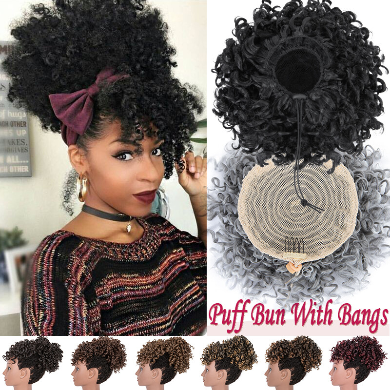 Afro Kinky Curly As Human Hair Short Ponytail Bun Clip In Bangs For Black Women