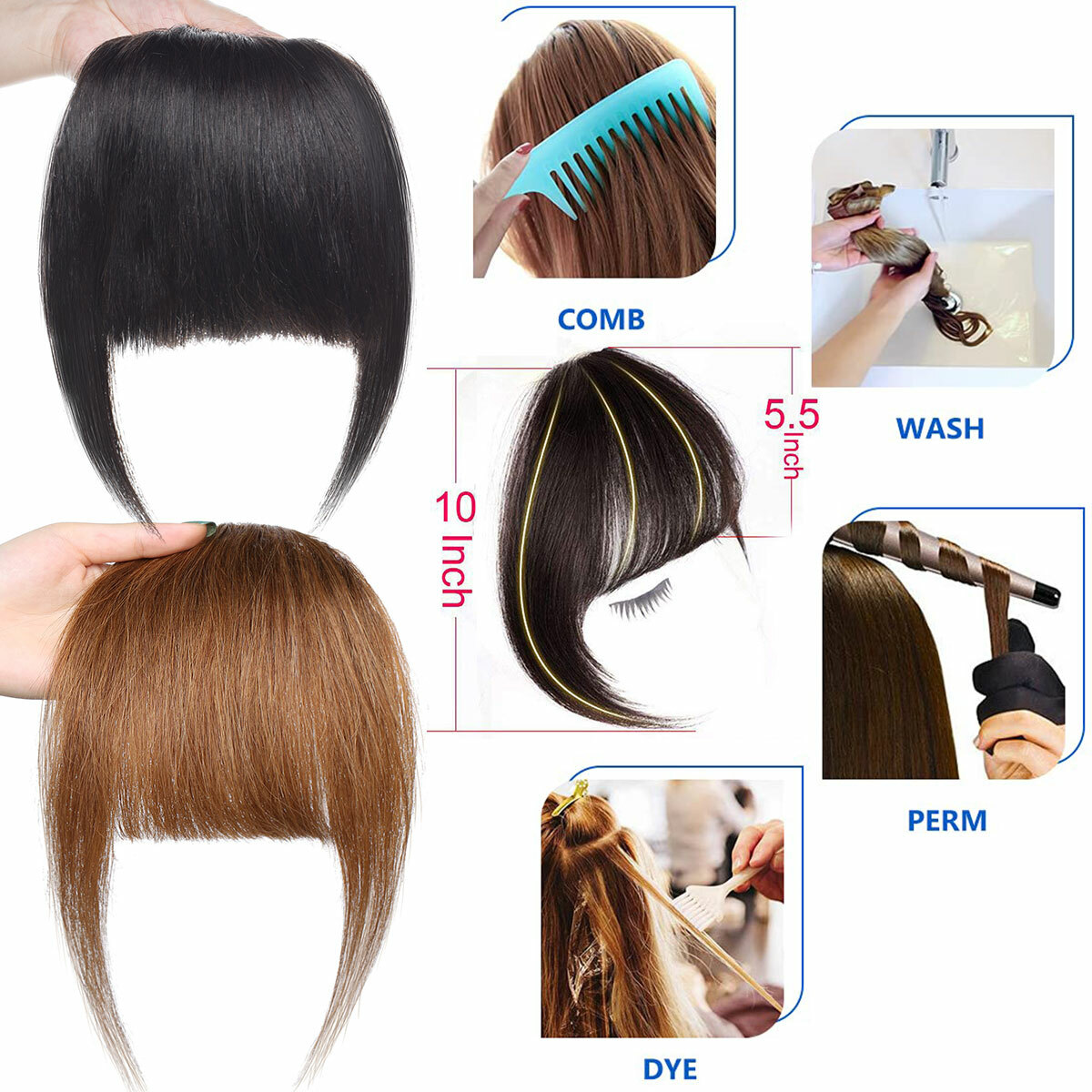 Thick Neat Air Bangs 100% Human Hair Extensions Clip in Fringe Front Hairpiece