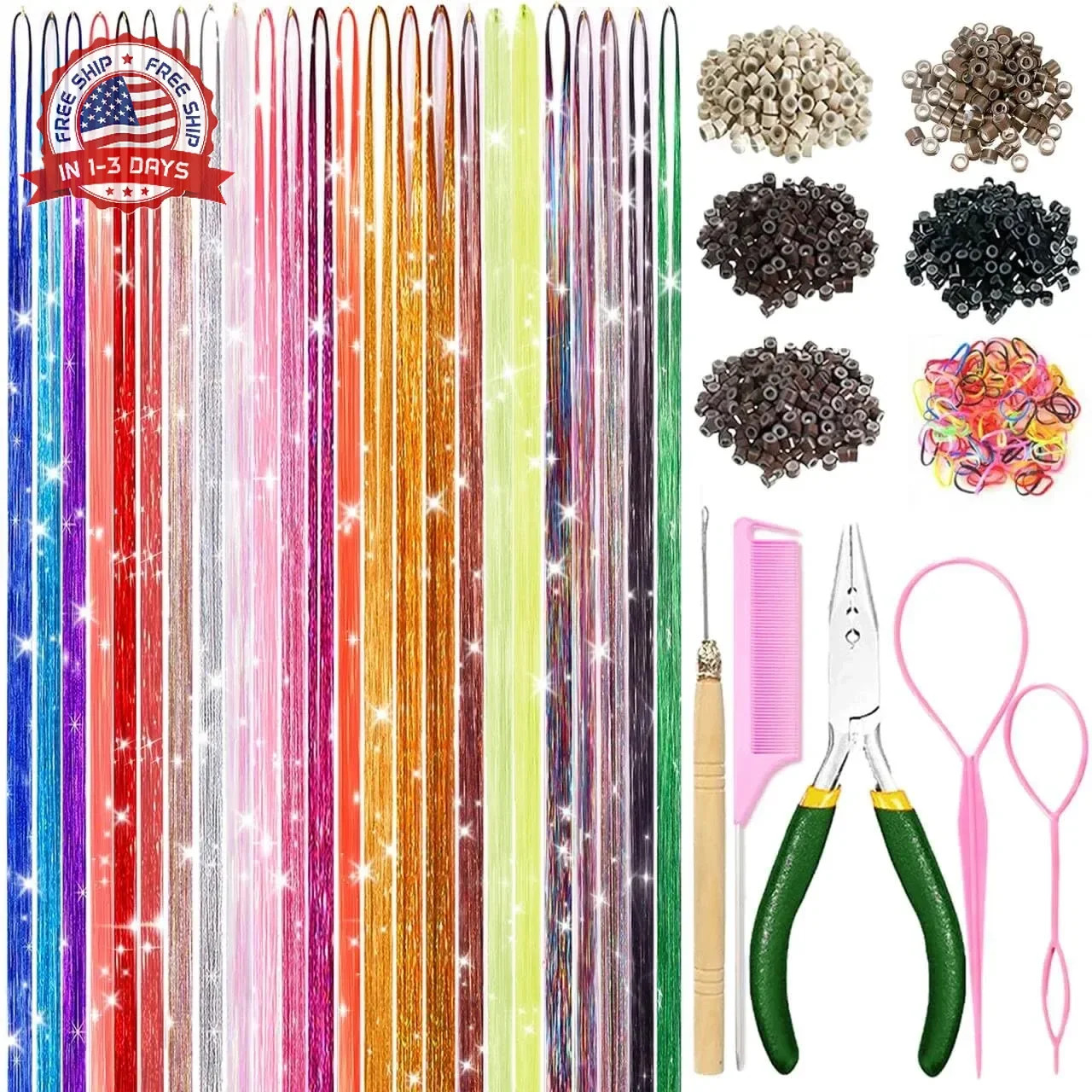 Hair Tinsel,24 Colors Hair Tinsel Kit for Girls 9600 Strands Fairy Tinsel Hair E