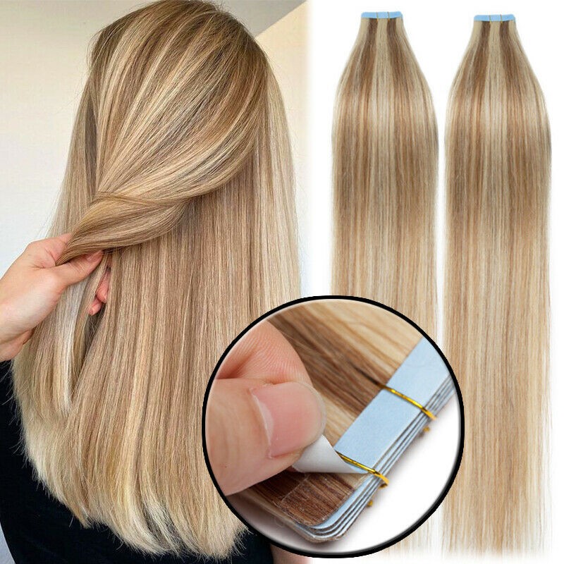 Tape In Remy Human Hair Extensions Full Head Skin Weft Russian Hair Thick Ombre