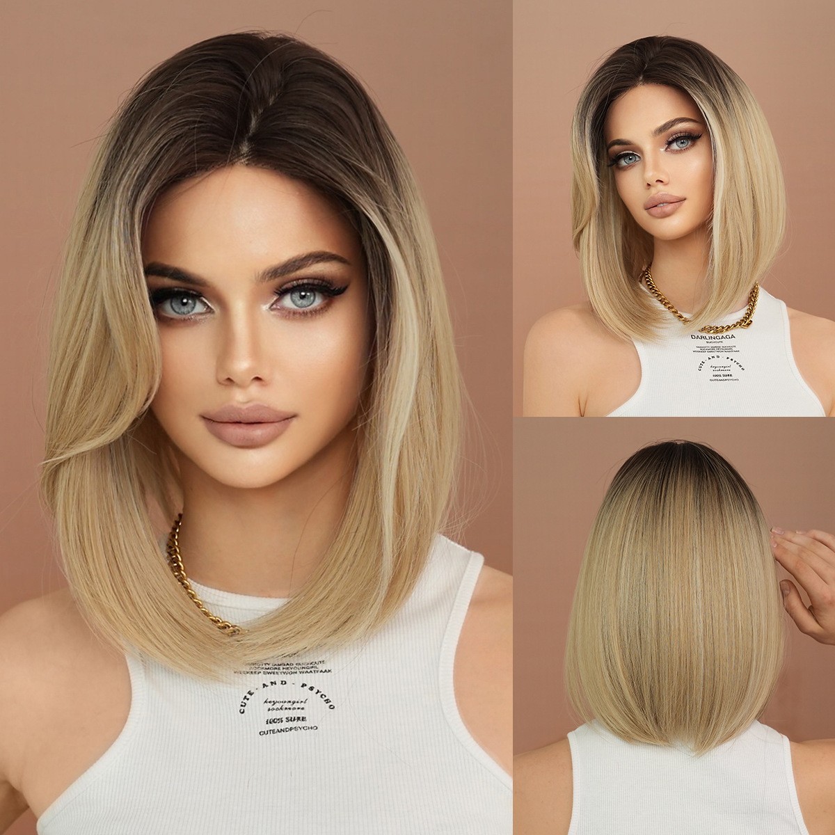 Ombre Blonde Bob Wigs for Women Girls Cosplay Party Daily Short Straight Bob Wig