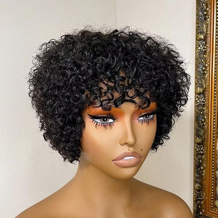 Human Hair Short Curly Wigs 6 Inch Natural Black Pixie Cut Afro Kinky Curly Wigs