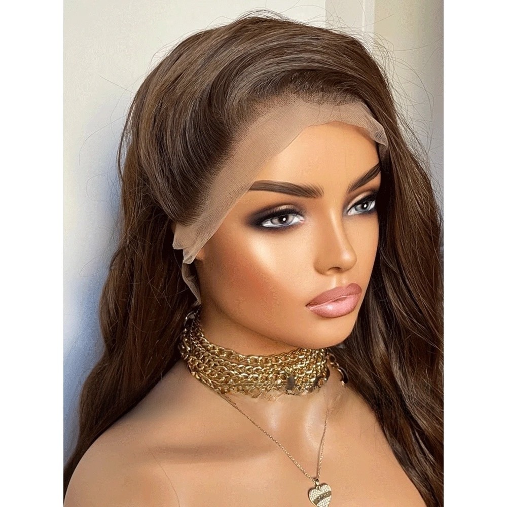 Heat Resistant Synthetic Hair Brown Pre Plucked Frontal Lace Wig Long Wavy