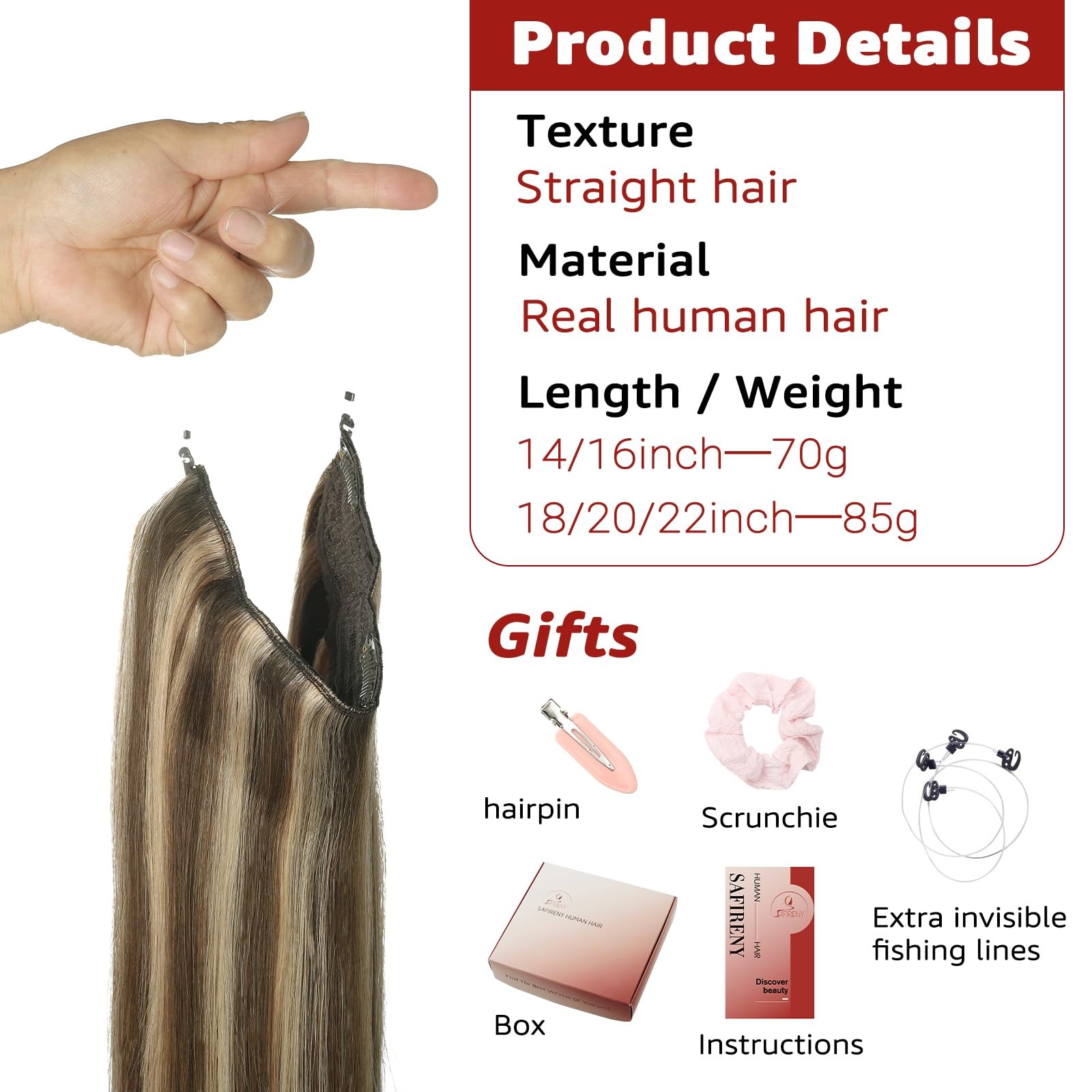 Safireny Wire Hair Extensions 70G Straight Human Hair Wire Extensions Natural