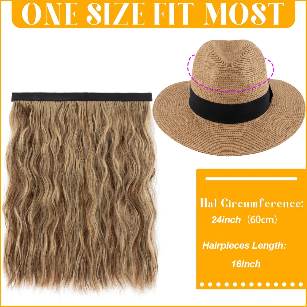 Long Wave Sun Hat Wig with Synthetic Hair Adjustable Straw Beach Cap For Women