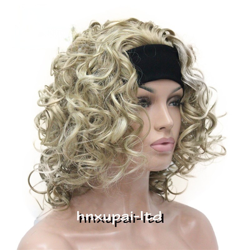 Women Spiral Curls Fluffy 3/4 Half Full Wig Headband Natural Hair Blonde Wigs