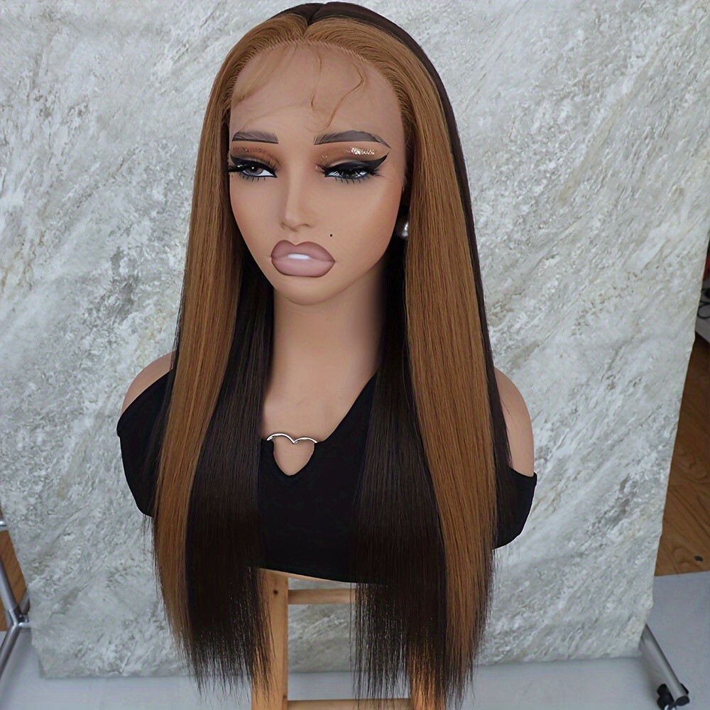 Blonde Highlights Dark Brown Color Hair Lace Front Wigs Synthetic Women Party