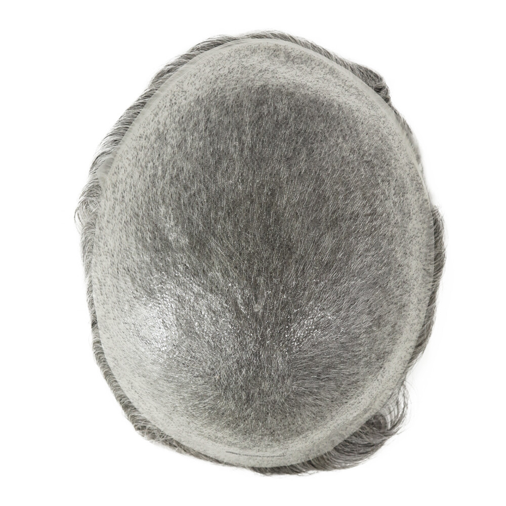 Toupee For Men Human Super Thin Skin V Looped Men Hairpiece Wig Black Grey #1B65