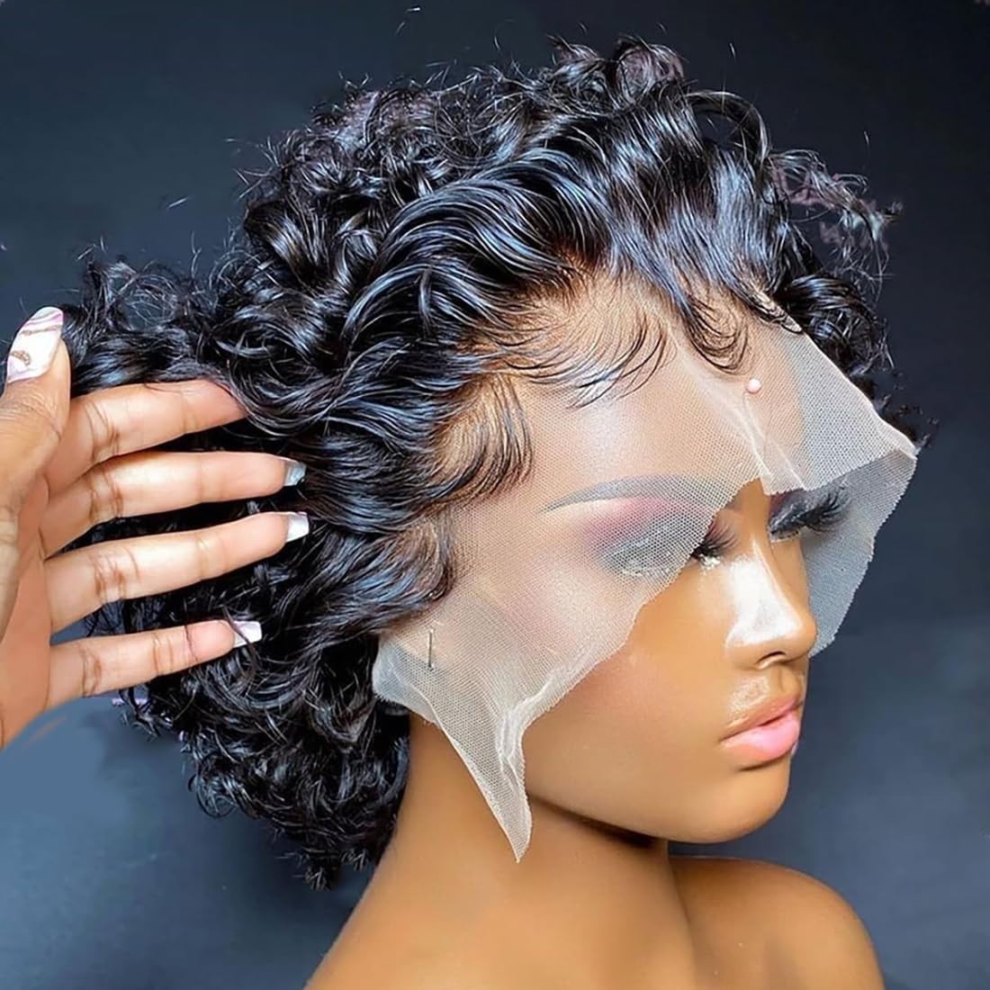 Short Curly Human Hair Wig Lace Front Pixie Cut 6 Inch for Black Women