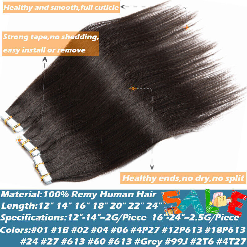 60PCS Tape in Russian Remy Thick Human Hair Extensions Skin Weft Straight 150g