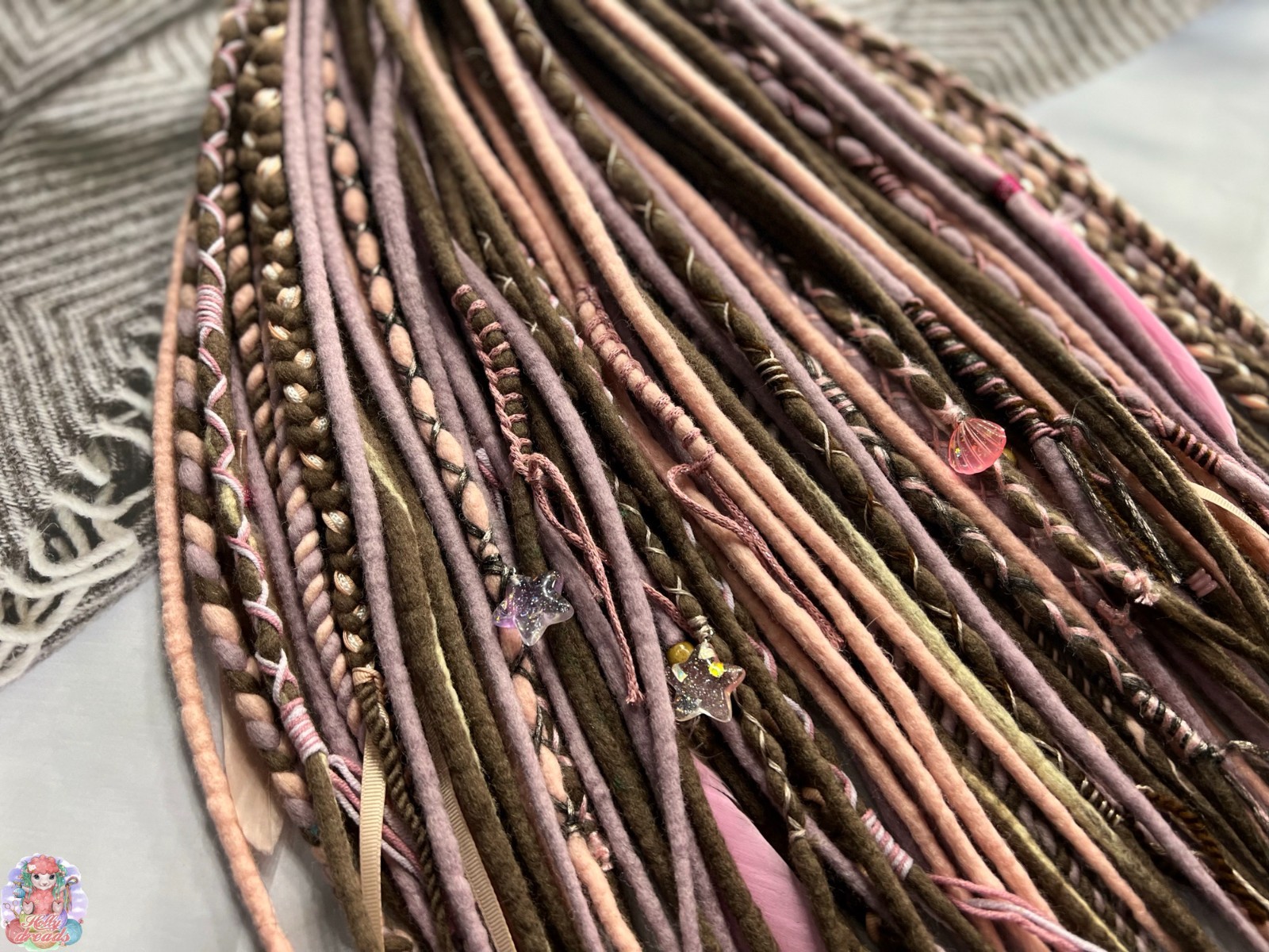New handmade full Set DE Dreadlocks Wool brown dusty pink hair fall loc ex