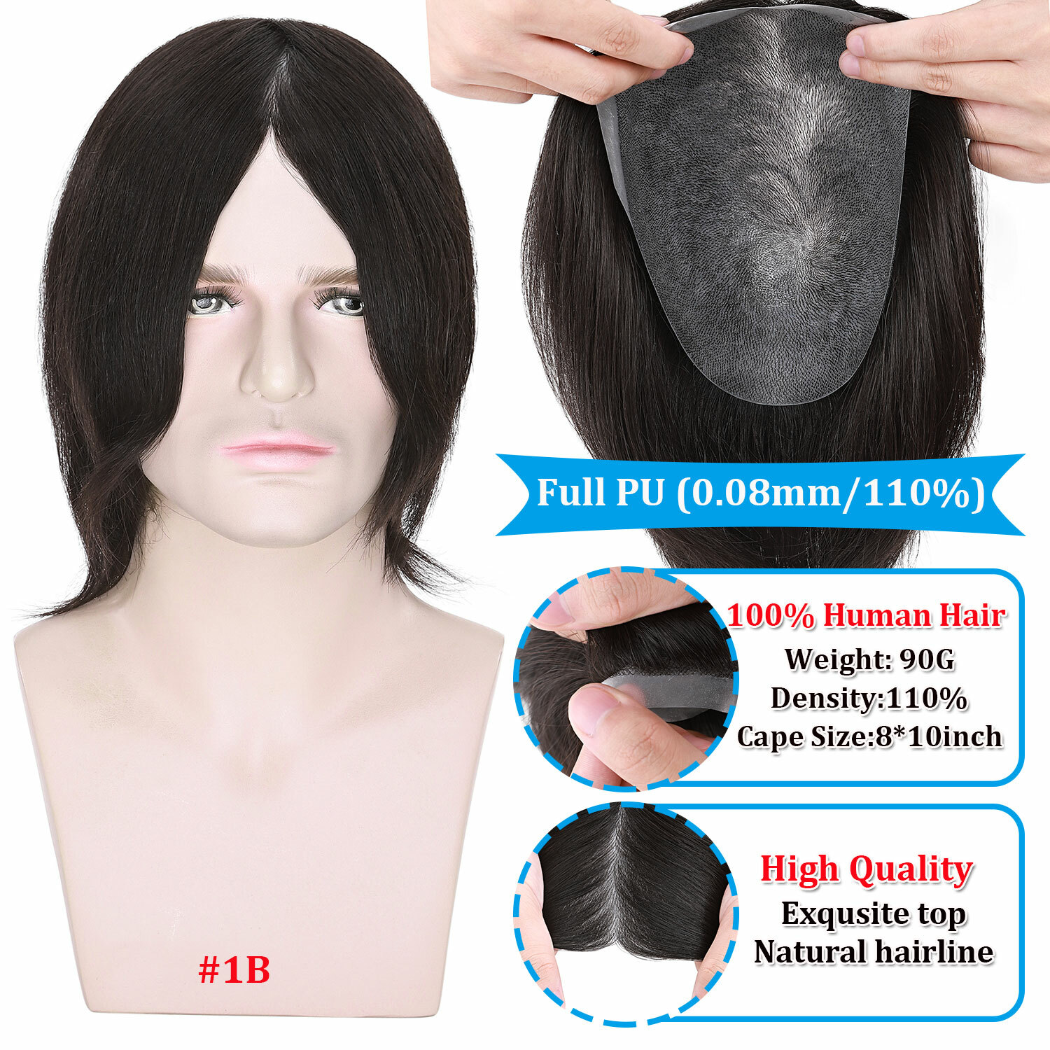 Men 100% Human Hair Replacement System Hairpiece Skin PU Base Toupee Black/Brown