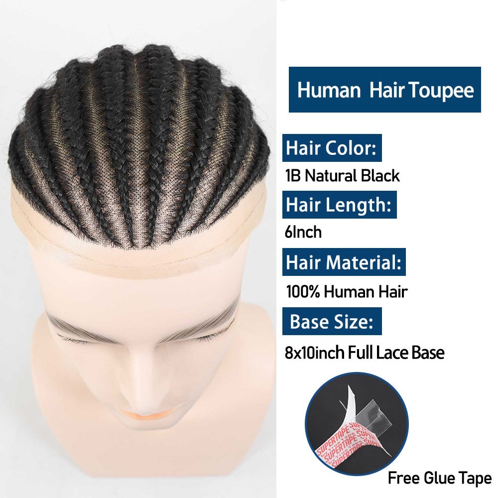 Cornrow Box Braided Afro Toupee Black Men Full Lace Human Hair Systems Male Unit
